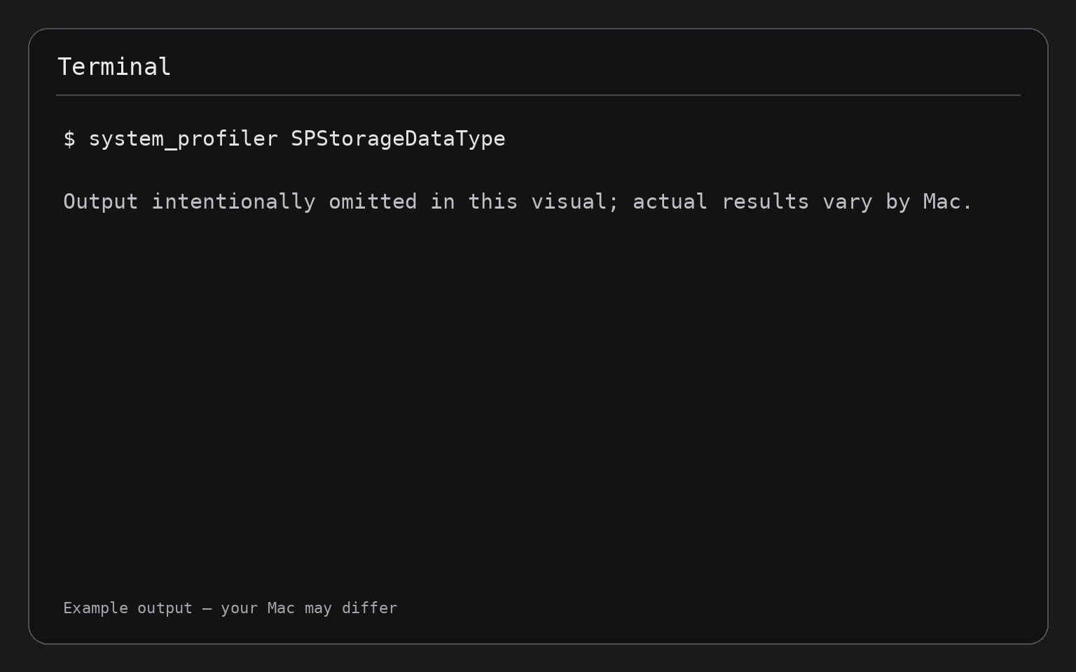 Terminal showing the command system_profiler SPStorageDataType