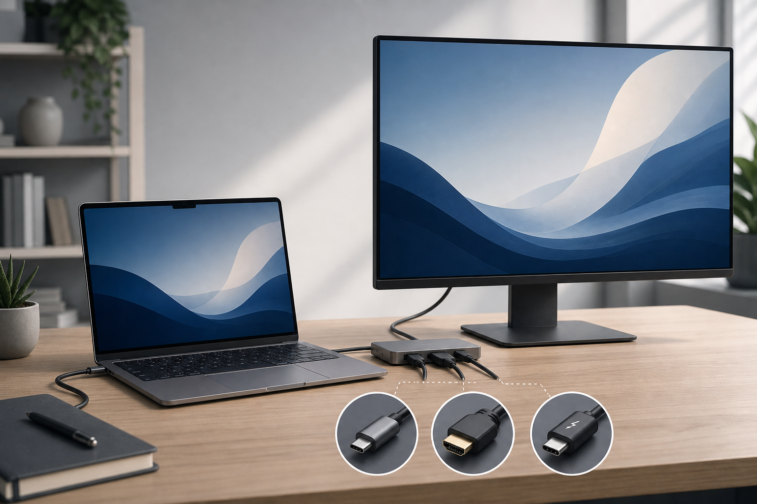 Illustration for How to Connect a MacBook to an External Display via USB-C, HDMI, or Thunderbolt