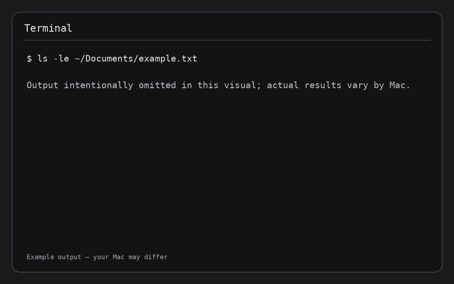 Terminal showing the command ls -le ~/Documents/example.txt