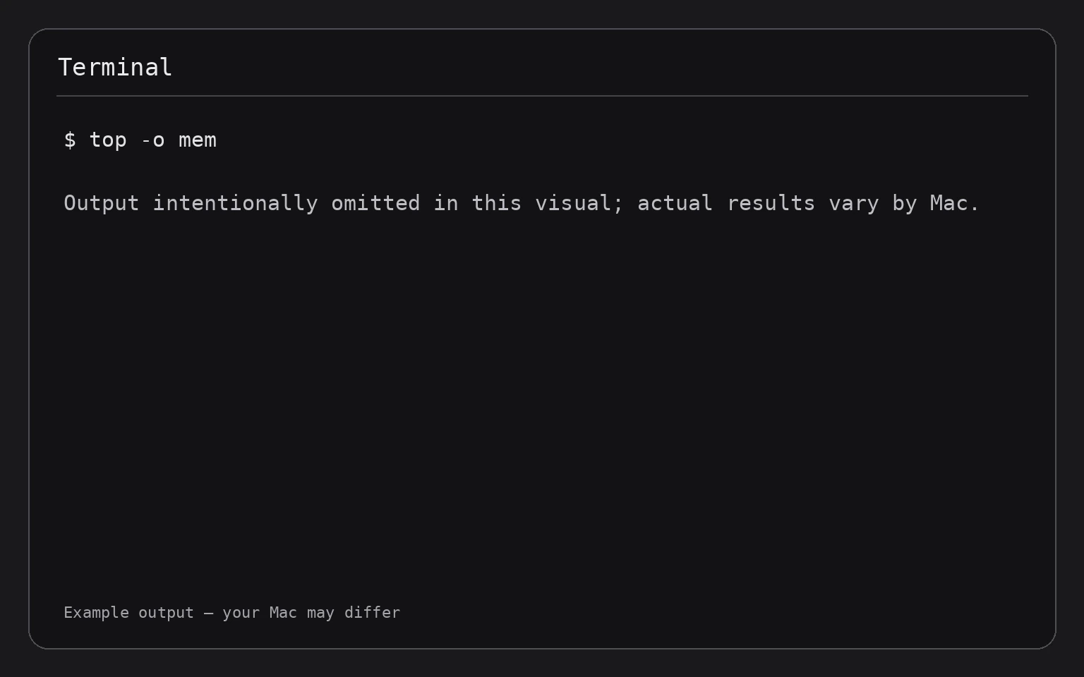 Terminal showing the command top -o mem