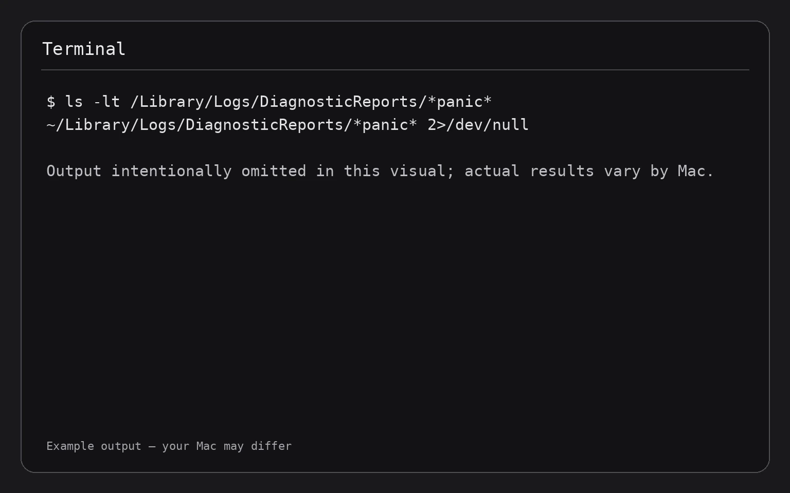 Terminal showing the command ls -lt /Library/Logs/DiagnosticReports/*panic* ~/Library/Logs/DiagnosticReports/*panic* 2>/dev/null